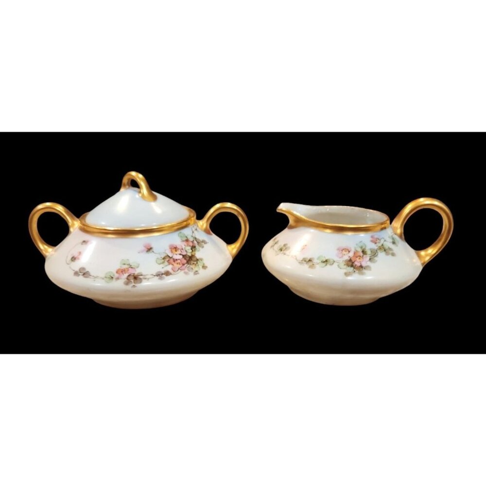 J & C Bavaria hand painted Sugar and Creamer set Anemone Pink Flowers, Gold Trim